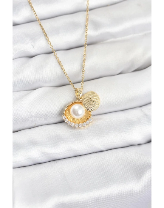 MuI MuI 316L Çelik Zincir Gold Renk İncili Deniz Kabuğu Model Zirkon Taşlı Kadın Kolye