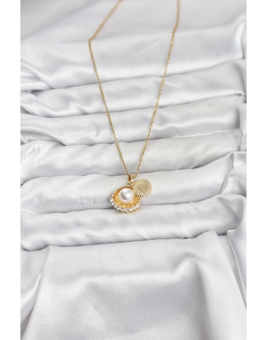MuI MuI 316L Çelik Zincir Gold Renk İncili Deniz Kabuğu Model Zirkon Taşlı Kadın Kolye