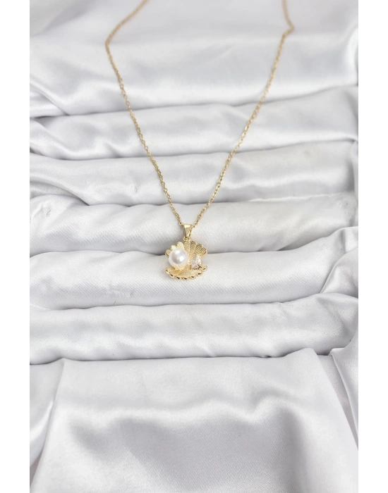 MuI MuI 316L Çelik Zincir Gold Renk İstiridye İnci Model Zirkon Taşlı Kadın Kolye