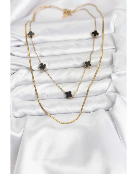 MuI MuI 316L Çelik Zincir Gold Renk İtalyan Zincirli Siyah Yonca Model Kadın Kolye