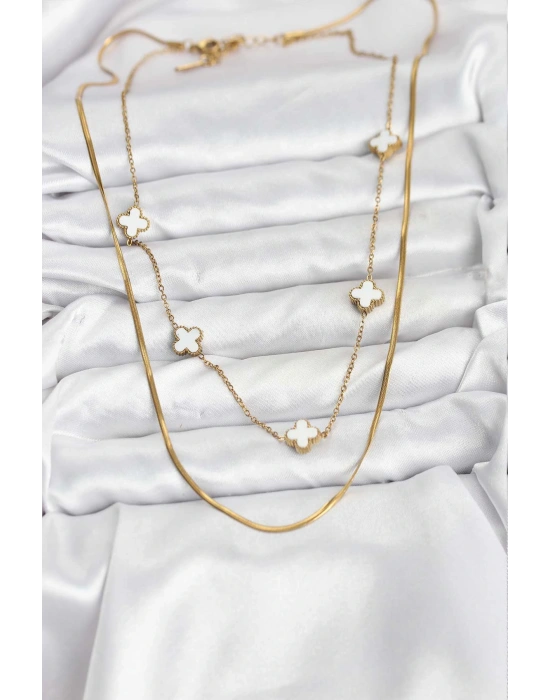 MuI MuI 316L Çelik Zincir Gold Renk İtalyan Zincirli Yonca Model Kadın Kolye