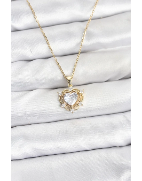 MuI MuI 316L Çelik Zincir Gold Renk Kalp Model Zirkon Taşlı Kadın Kolye