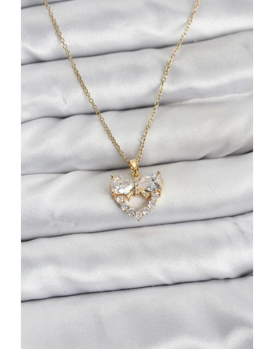 MuI MuI 316L Çelik Zincir Gold Renk Kalp ve Fiyonk Model Zirkon Taşlı Kadın Kolye