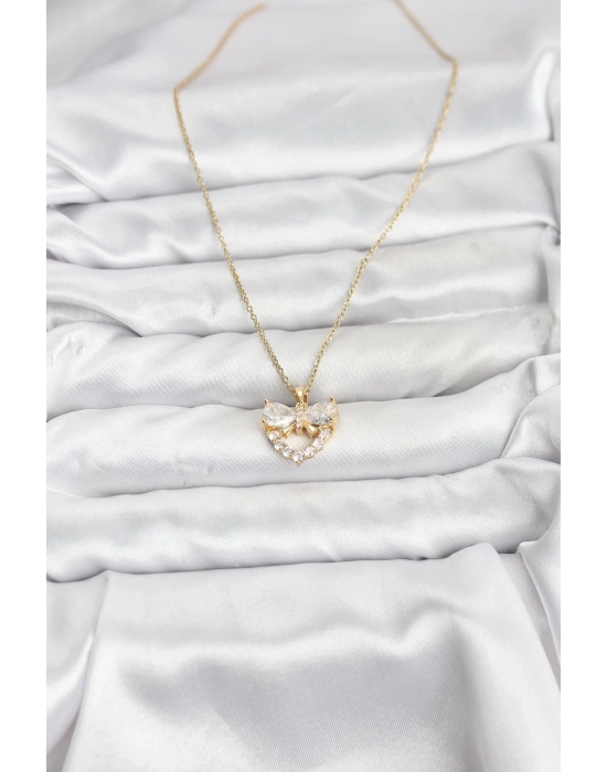 MuI MuI 316L Çelik Zincir Gold Renk Kalp ve Fiyonk Model Zirkon Taşlı Kadın Kolye