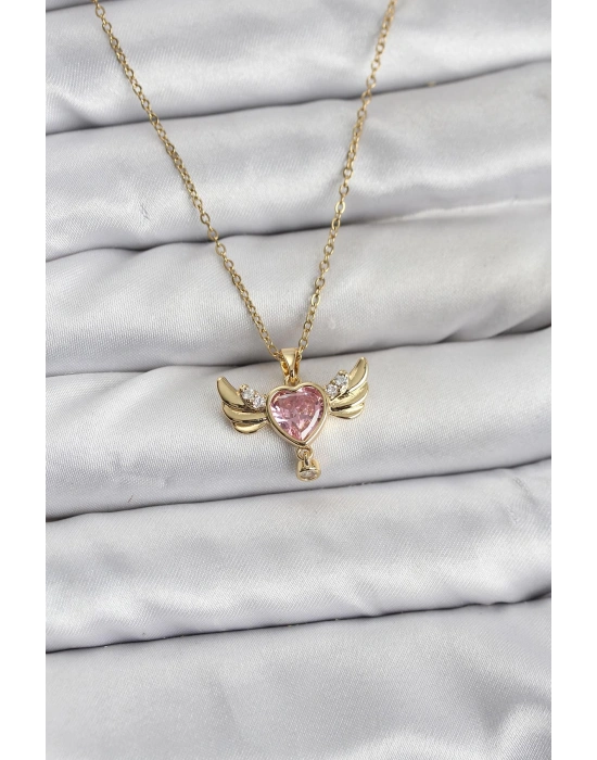 MuI MuI 316L Çelik Zincir Gold Renk Kanatlı Kalp Model Zirkon Taşlı Kadın Kolye