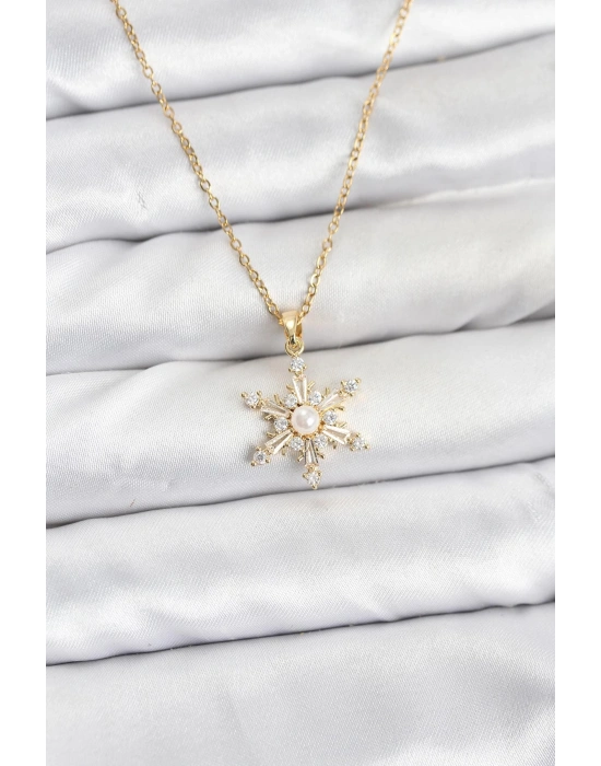 MuI MuI 316L Çelik Zincir Gold Renk Kar Tanesi Model Zirkon Taşlı Kadın Kolye
