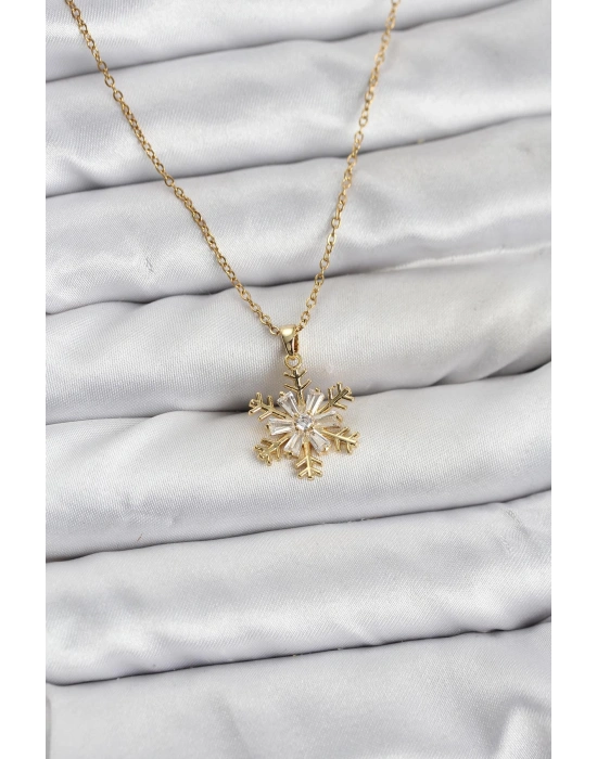 MuI MuI 316L Çelik Zincir Gold Renk Kar Tanesi Model Zirkon Taşlı Kadın Kolye