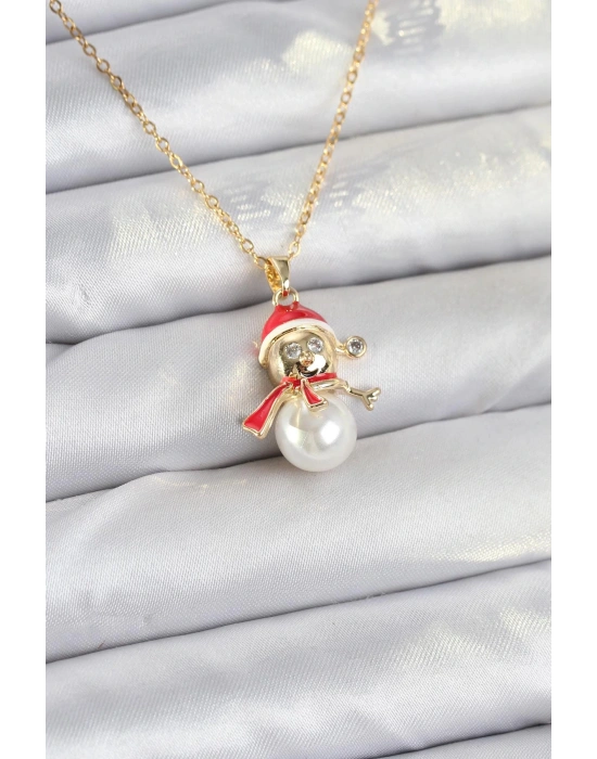 MuI MuI 316L Çelik Zincir Gold Renk Kardan Adam Model Yılbaşı Temalı Kadın Kolye