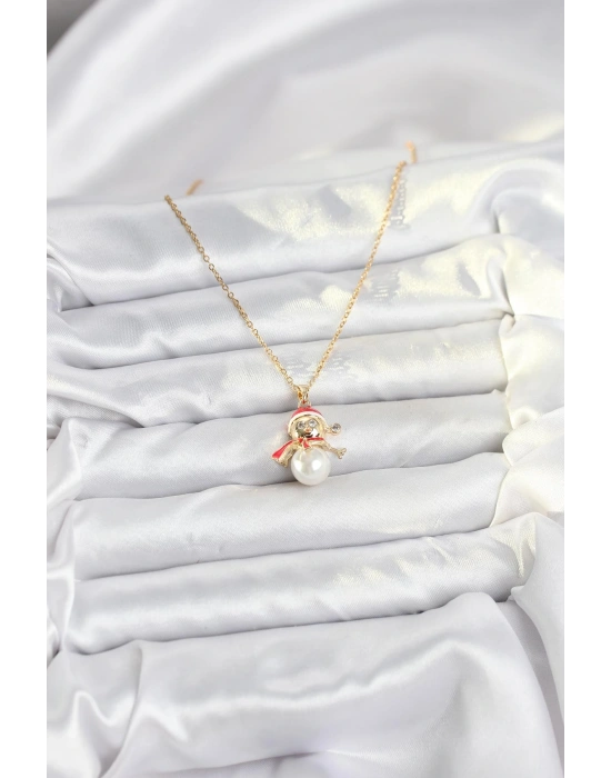 MuI MuI 316L Çelik Zincir Gold Renk Kardan Adam Model Yılbaşı Temalı Kadın Kolye