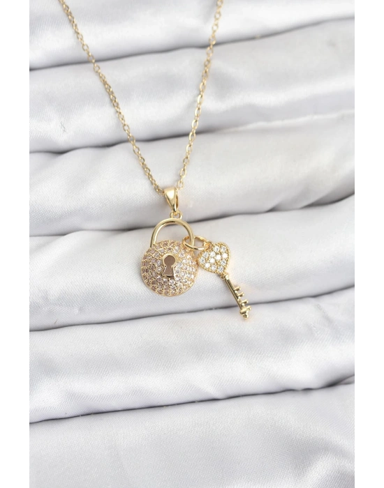 MuI MuI 316L Çelik Zincir Gold Renk Kilit Anahtar Model Zirkon Taşlı Kadın Kolye