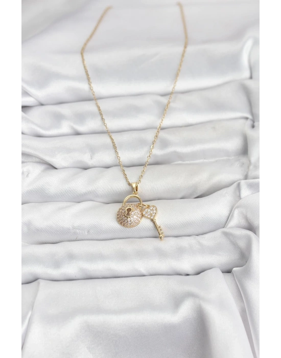 MuI MuI 316L Çelik Zincir Gold Renk Kilit Anahtar Model Zirkon Taşlı Kadın Kolye