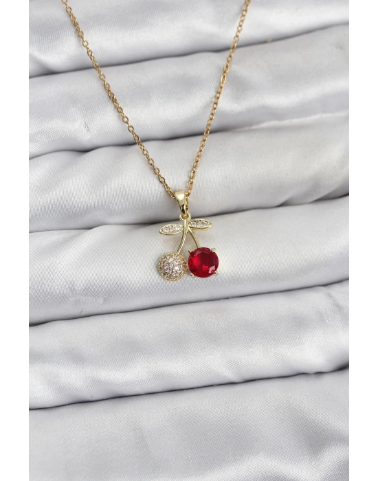 MuI MuI 316L Çelik Zincir Gold Renk Kiraz Model Zirkon Taşlı Kadın Kolye