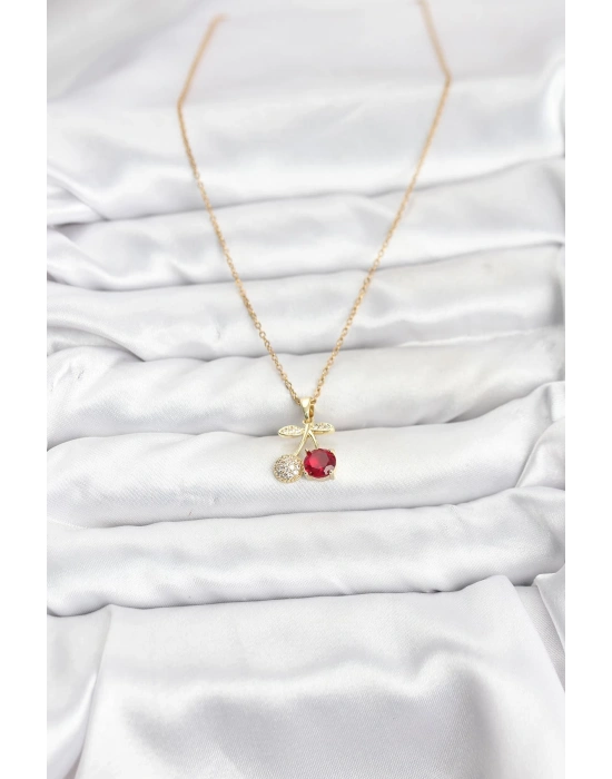 MuI MuI 316L Çelik Zincir Gold Renk Kiraz Model Zirkon Taşlı Kadın Kolye