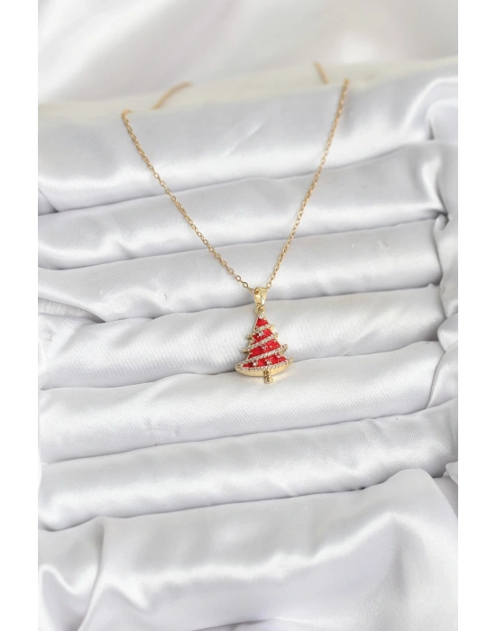 MuI MuI 316L Çelik Zincir Gold Renk Kırmızı Çam Ağacı Model Yılbaşı Temalı Kadın Kolye