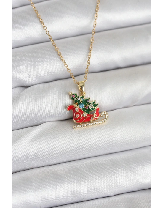 MuI MuI 316L Çelik Zincir Gold Renk Kızak ve Çam Ağacı Figürlü Yılbaşı Temalı Kadın Kolye