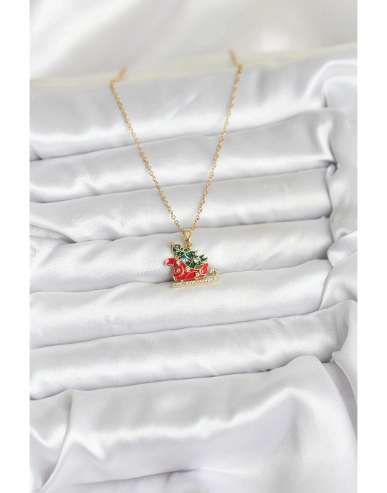 MuI MuI 316L Çelik Zincir Gold Renk Kızak ve Çam Ağacı Figürlü Yılbaşı Temalı Kadın Kolye