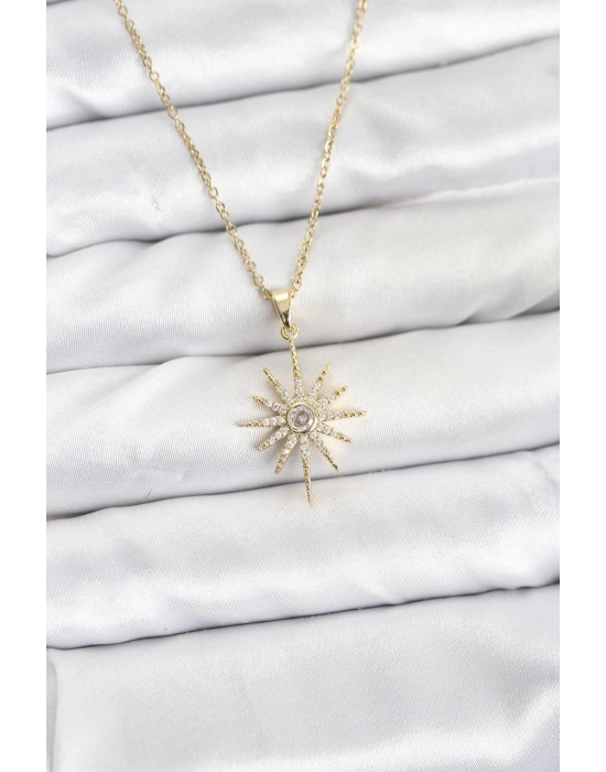 MuI MuI 316L Çelik Zincir Gold Renk Kutup Yıldızı Model Zirkon Taşlı Kadın Kolye