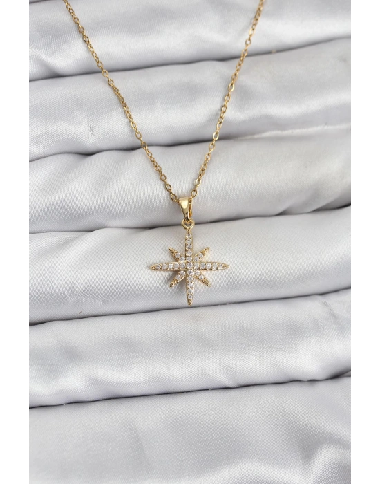 MuI MuI 316L Çelik Zincir Gold Renk Kutup Yıldızı Model Zirkon Taşlı Kadın Kolye