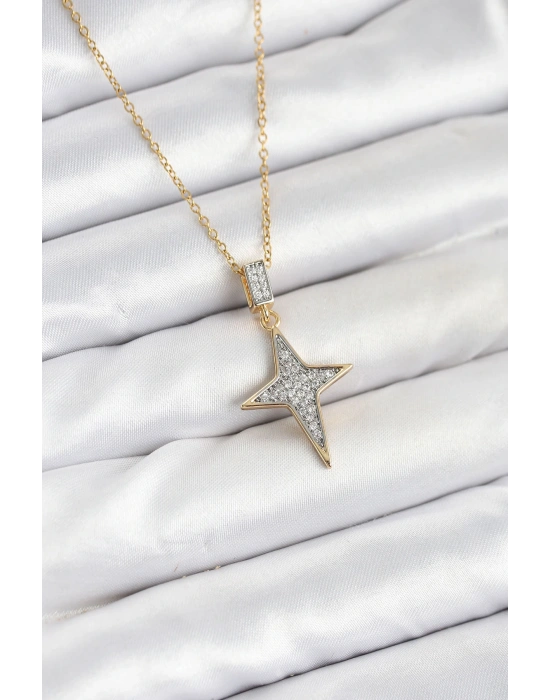 MuI MuI 316L Çelik Zincir Gold Renk Kutup Yıldızı Model Zirkon Taşlı Kadın Kolye