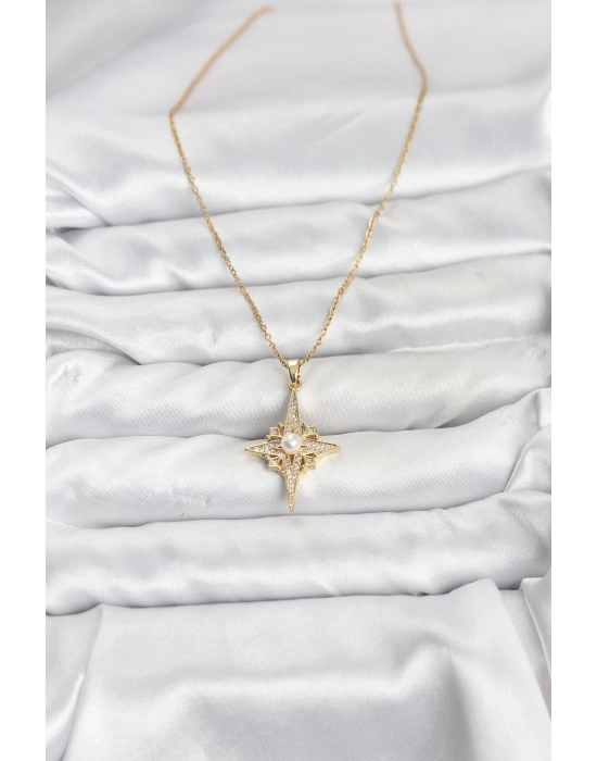 MuI MuI 316L Çelik Zincir Gold Renk Kutup Yıldızı Model Zirkon Taşlı Kadın Kolye