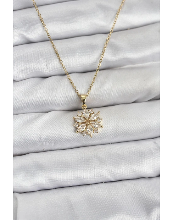 MuI MuI 316L Çelik Zincir Gold Renk Lotus Model Zirkon Taşlı Kadın Kolye
