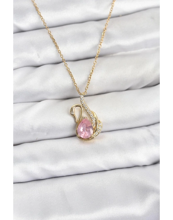 MuI MuI 316L Çelik Zincir Gold Renk Pembe Kuğu Model Zirkon Taşlı Kadın Kolye