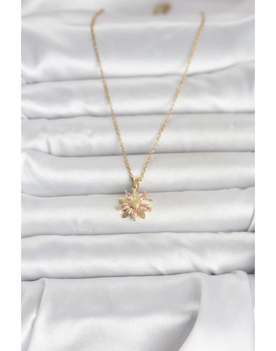 MuI MuI 316L Çelik Zincir Gold Renk Pembe Papatya Model Kadın Kolye