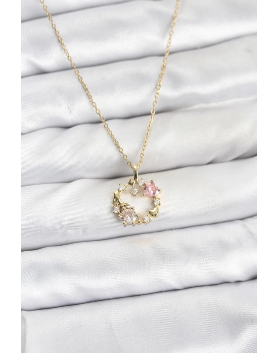 MuI MuI 316L Çelik Zincir Gold Renk Pembe Taş Detaylı Çelenk Model Kadın Kolye