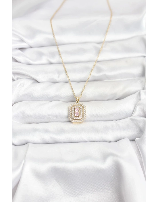 MuI MuI 316L Çelik Zincir Gold Renk Plaka Model Zirkon Taşlı Kadın Kolye