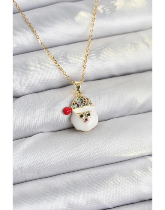 MuI MuI 316L Çelik Zincir Gold Renk Şapkalı Kardan Adam Kafası Model Yılbaşı Temalı Kadın Kolye