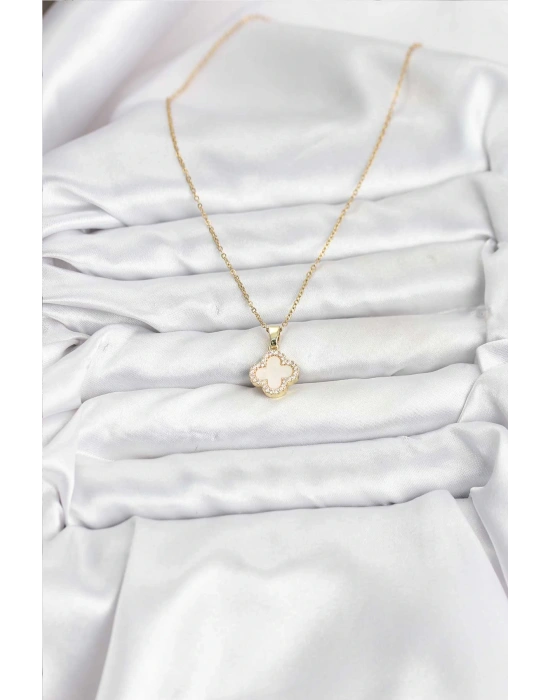 MuI MuI 316L Çelik Zincir Gold Renk Sedefli Yonca Kadın Kolye