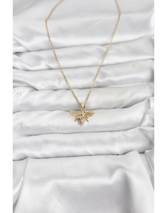 MuI MuI 316L Çelik Zincir Gold Renk Sinek Model Zirkon Taşlı Kadın Kolye
