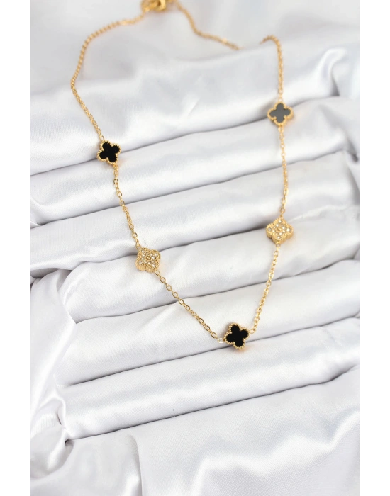 MuI MuI 316L Çelik Zincir Gold Renk Siyah ve Zirkon Taşlı Baby Boy Yonca Kadın Kolye