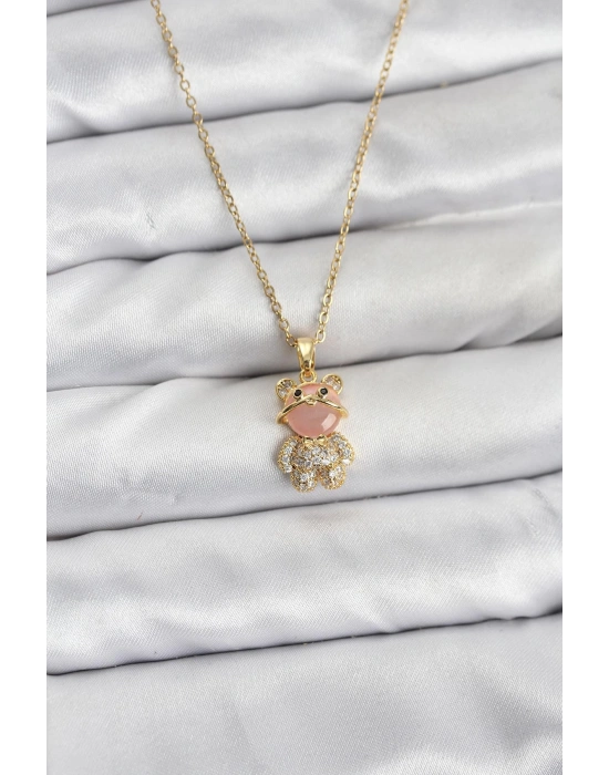 MuI MuI 316L Çelik Zincir Gold Renk Teddy Bear Model Zirkon Taşlı Kadın Kolye