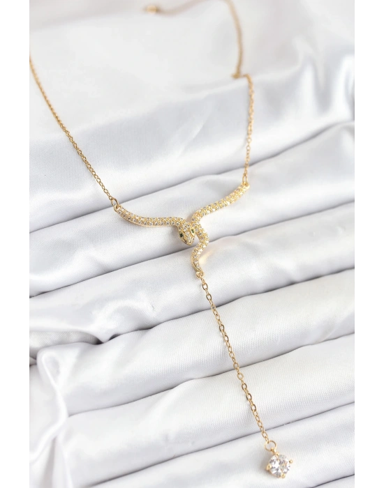 MuI MuI 316L Çelik Zincir Gold Renk Yılan Model Y Kolye