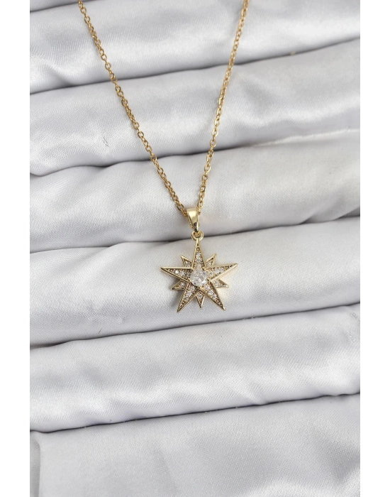 MuI MuI 316L Çelik Zincir Gold Renk Yıldız Model Zirkon Taşlı Kadın Kolye