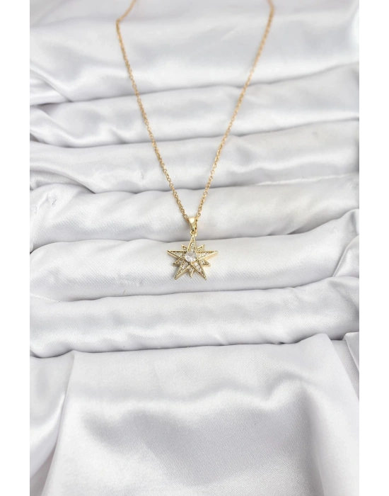 MuI MuI 316L Çelik Zincir Gold Renk Yıldız Model Zirkon Taşlı Kadın Kolye