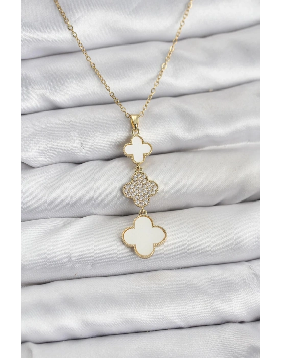 MuI MuI 316L Çelik Zincir Gold Renk Yonca Detaylı Zirkon Taşlı Kadın Kolye