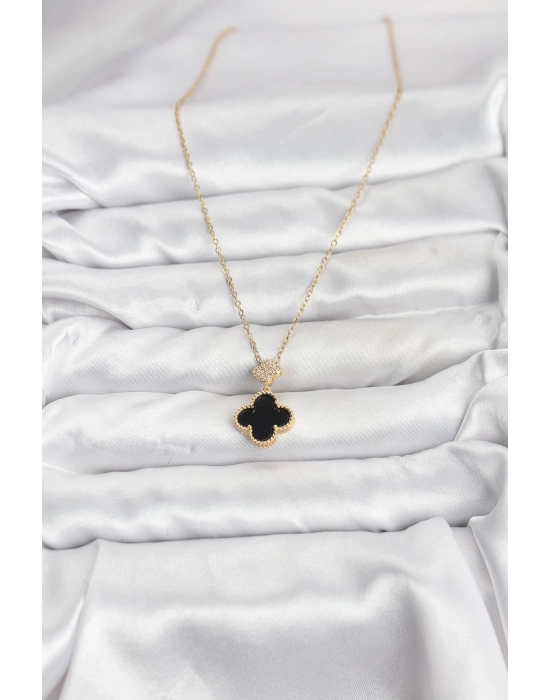 MuI MuI 316L Çelik Zincir Gold Renk Yonca Model Zirkon Taşlı Kadın Kolye