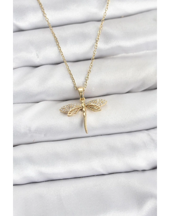 MuI MuI 316L Çelik Zincir Gold Renk Yusufçuk Model Zirkon Taşlı Kadın Kolye