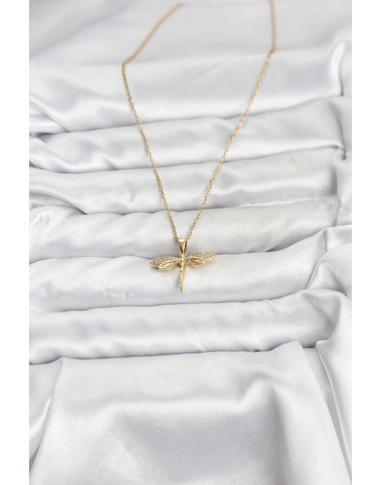 MuI MuI 316L Çelik Zincir Gold Renk Yusufçuk Model Zirkon Taşlı Kadın Kolye