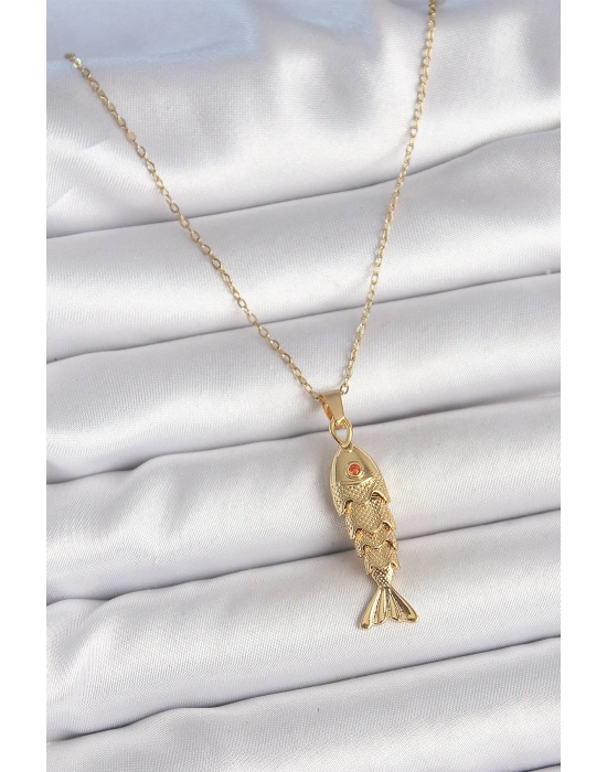 MuI MuI 316L Çelik Zincir Gold Renk Zirkon Taşlı Balık Figürlü Kolye