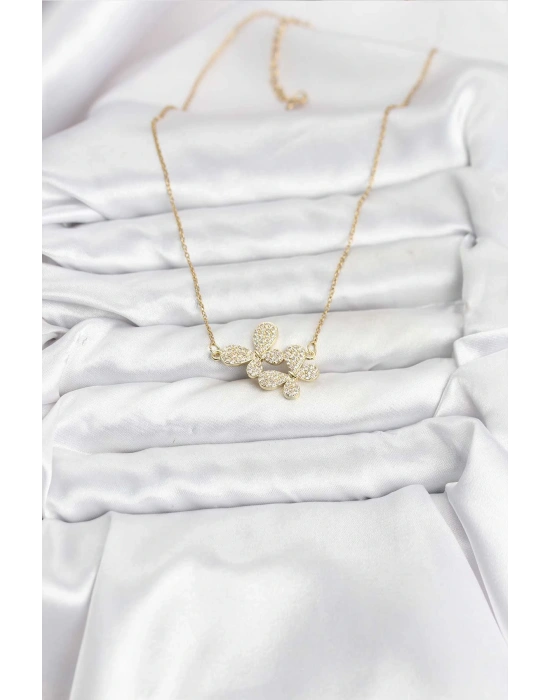 MuI MuI 316L Çelik Zincir Gold Renk Zirkon Taşlı Kelebek Model Kadın Kolye