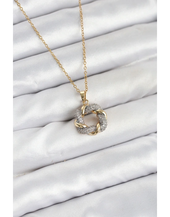 MuI MuI 316L Çelik Zincir Gold Renk Zirkon Taşlı Sarmal Model Kadın Kolye