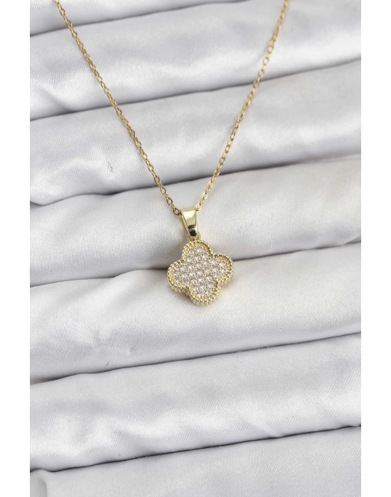 MuI MuI 316L Çelik Zincir Gold Renk Zirkon Taşlı Yonca Model Kadın Kolye