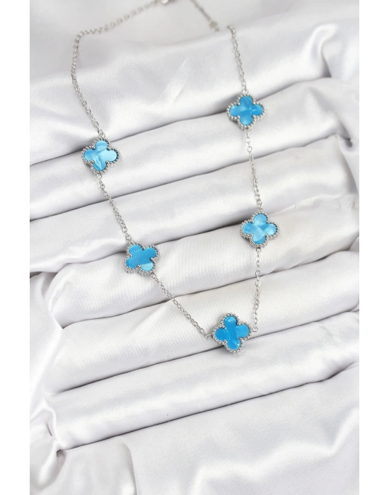 MuI MuI 316L Çelik Zincir Gümüş Buz Mavisi Renk Yonca Kadın Kolye