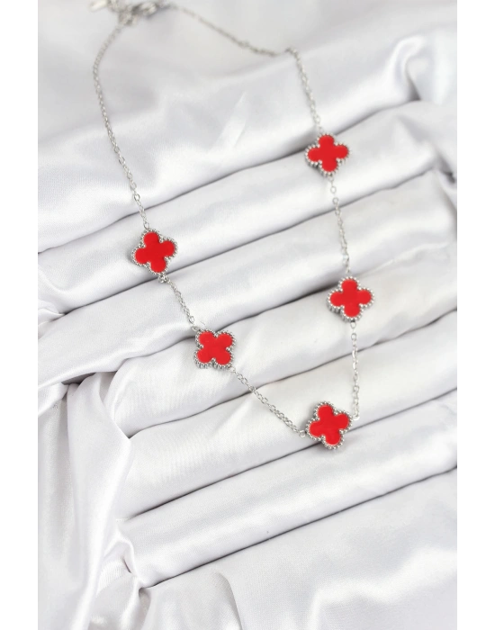 MuI MuI 316L Çelik Zincir Gümüş Kırmızı Renk Yonca Kadın Kolye