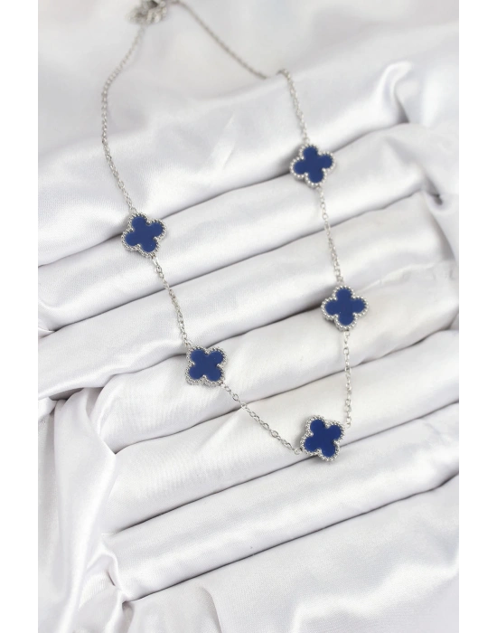 MuI MuI 316L Çelik Zincir Gümüş Lacivert Renk Yonca Kadın Kolye