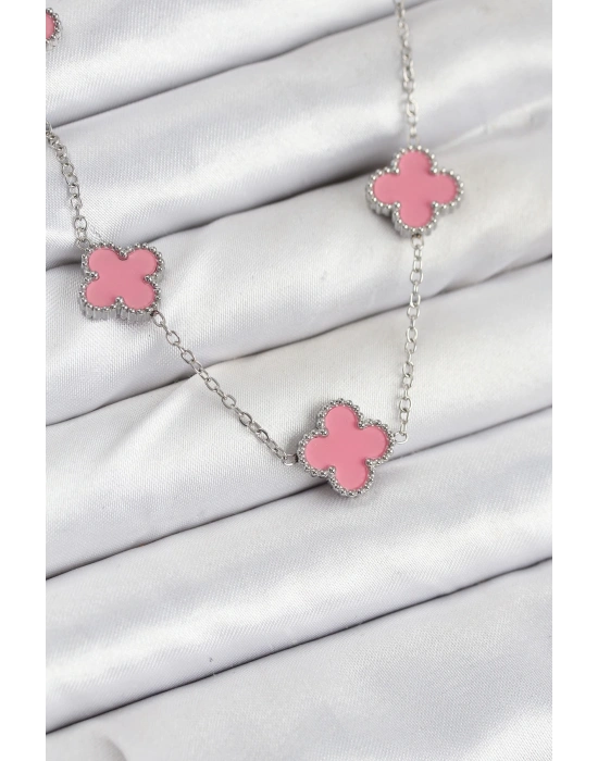 MuI MuI 316L Çelik Zincir Gümüş Pembe Renk Yonca Kadın Kolye