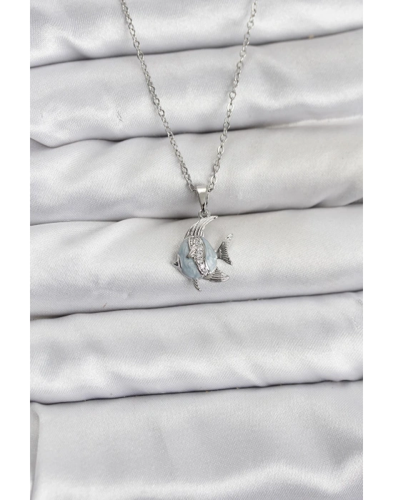 MuI MuI 316L Çelik Zincir Gümüş Renk Balık Model Zirkon Taşlı Kadın Kolye